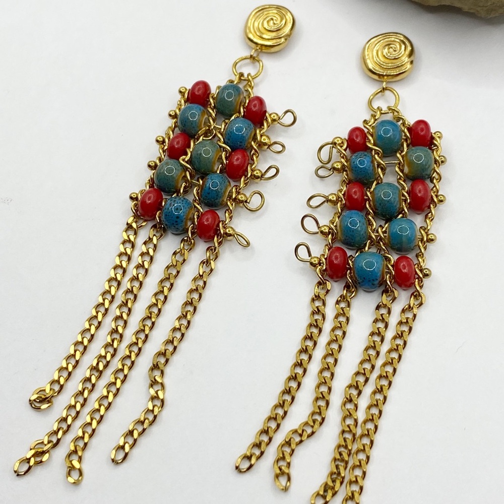 NEW Ceramic Beaded Gold Tassel Earrings